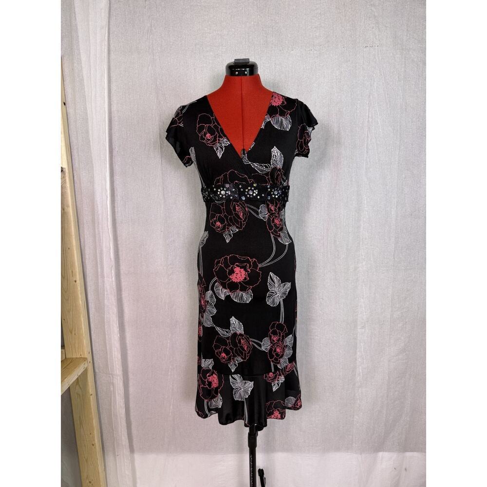 Vintage Y2K Check it Out Floral Baby Doll Midi Dress Large USA Roses Black D415